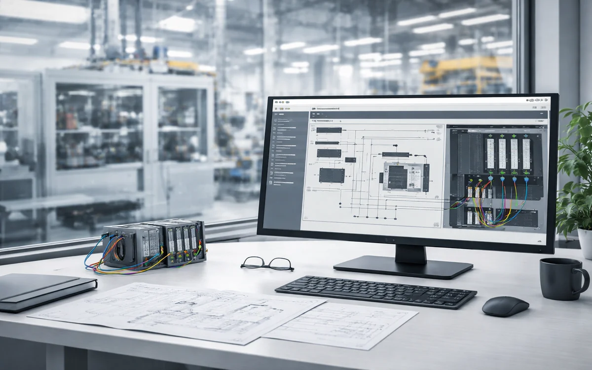 SPS-Programmierarbeitsplatz mit Steuerung und Schaltplänen